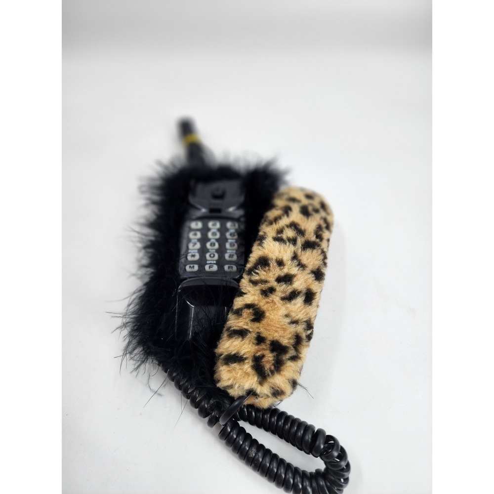 Vintage Novelty Leopard Print Faux Fur and Black Feather Corded Landline Phone